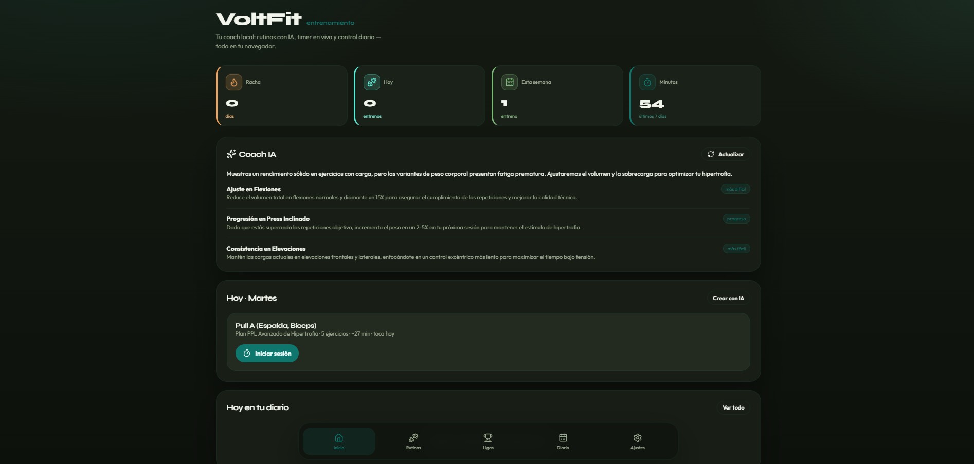 Dashboard de VoltFit con coach IA y sesión del día
